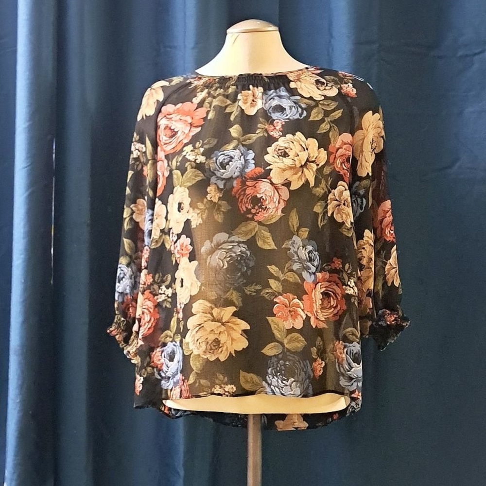 Reitmans Black Floral Blouse with Blue and Yellow Accents - Picture 2 of 4